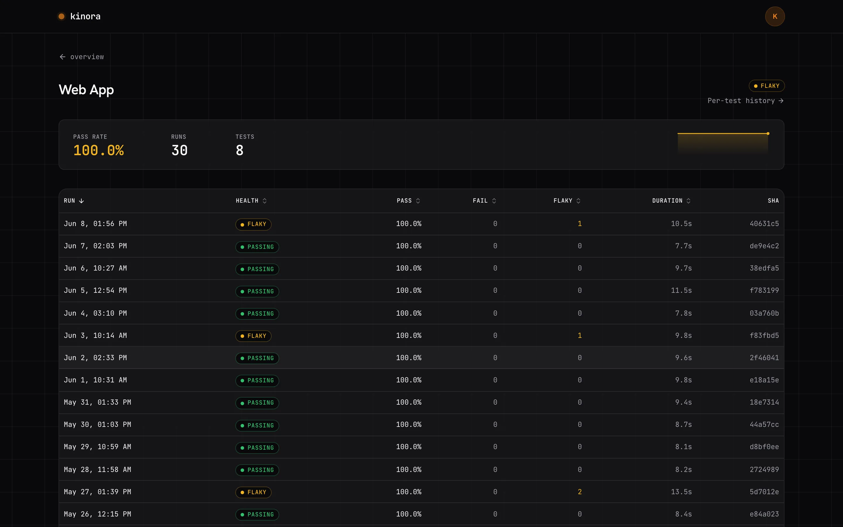 Per-project page with pass rate, trend sparkline and per-run history strips