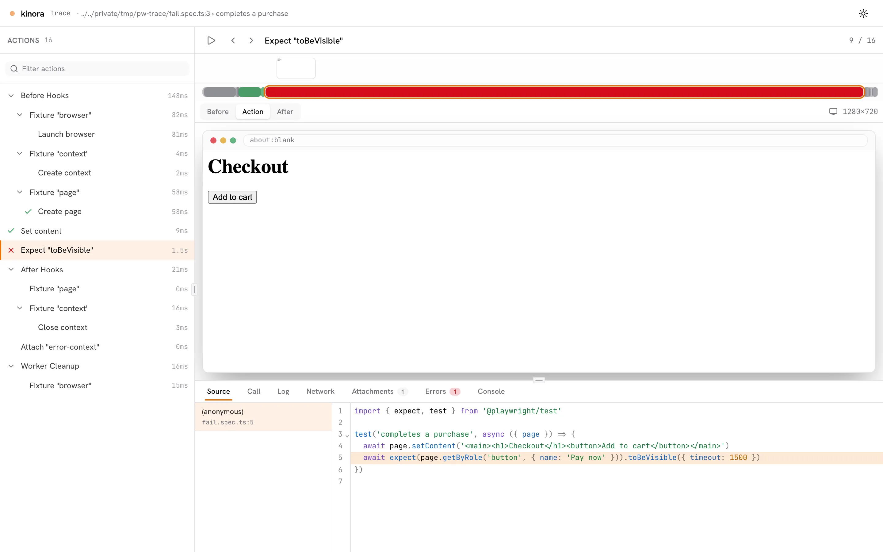 Embedded Playwright trace viewer showing the action timeline, a DOM snapshot, and the failing assertion in the source